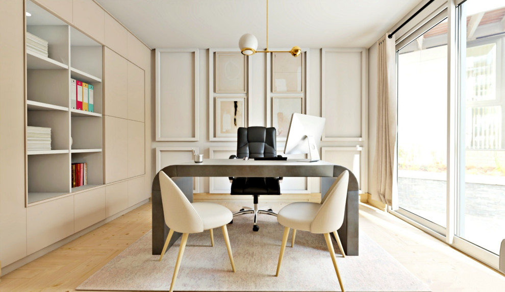 Aménagement d'un bureau moderne de taille moyenne avec un mur blanc, sol en stratifié, aucune cheminée, un bureau indépendant et un sol marron.