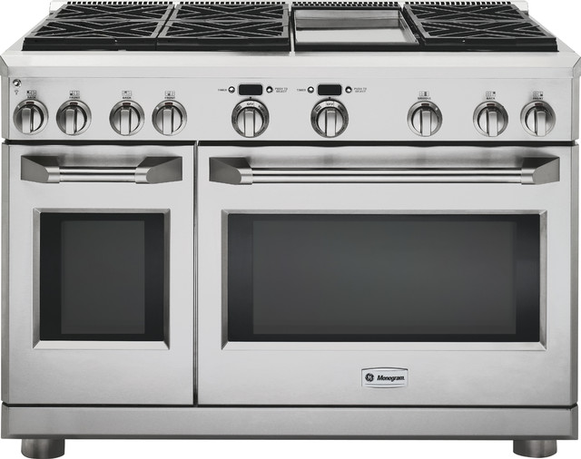 GE Monogram 48" professional range with six burners and a griddle