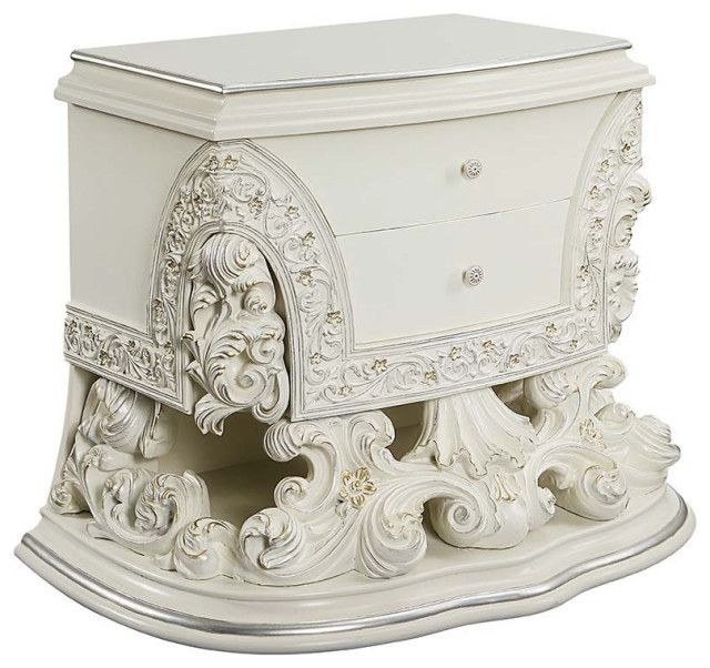 Wood Nightstand With 2 Drawers, Antique White Finish Victorian Nightstands And Bedside
