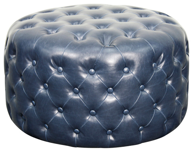 Lulu Round Bonded Leather Ottoman, Vintage Blue