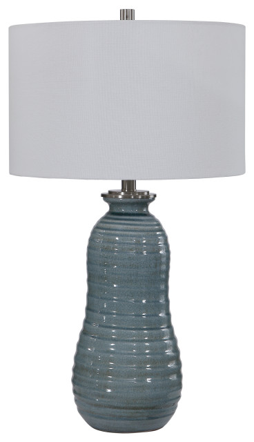 Crackled Ceramic Light Blue Ribbed Table Lamp, Spiral Shaped Vintage ...