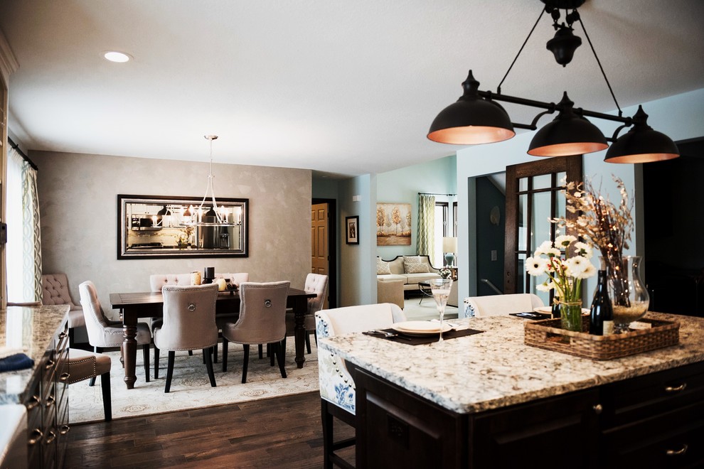 Home design - mid-sized transitional dark wood floor home design idea with gray walls