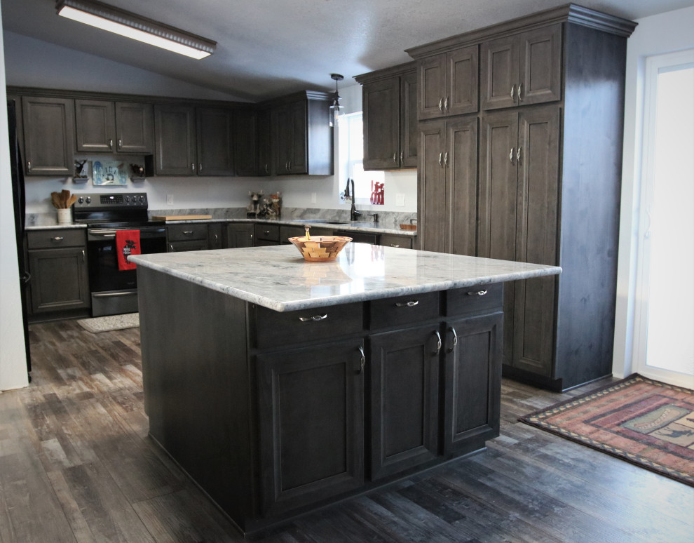 This is an example of a large modern u-shaped eat-in kitchen in Other with an undermount sink, dark wood cabinets, marble benchtops, stainless steel appliances, vinyl floors, with island, brown floor and multi-coloured benchtop.