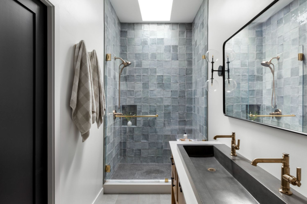 Inspiration for a mid-sized country master wet room bathroom in Los Angeles with shaker cabinets, blue cabinets, a drop-in tub, white walls, ceramic floors, an undermount sink, marble benchtops, white floor, a hinged shower door, white benchtops, a double vanity and a built-in vanity.
