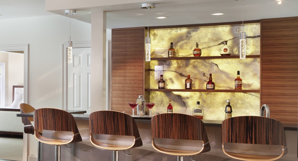 Inspiration for a huge contemporary galley seated home bar remodel in DC Metro with an undermount sink, open cabinets, medium tone wood cabinets, granite countertops, multicolored backsplash and stone slab backsplash