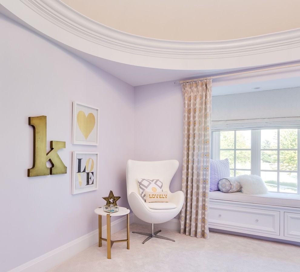 Design ideas for a large transitional kids' room for girls in Chicago with purple walls, carpet and beige floor.