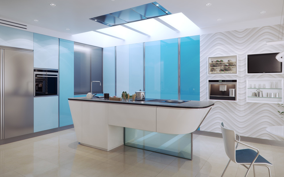 Inspiration for a large contemporary galley eat-in kitchen in Other with a drop-in sink, flat-panel cabinets, white cabinets, solid surface benchtops, stainless steel appliances, ceramic floors and with island.