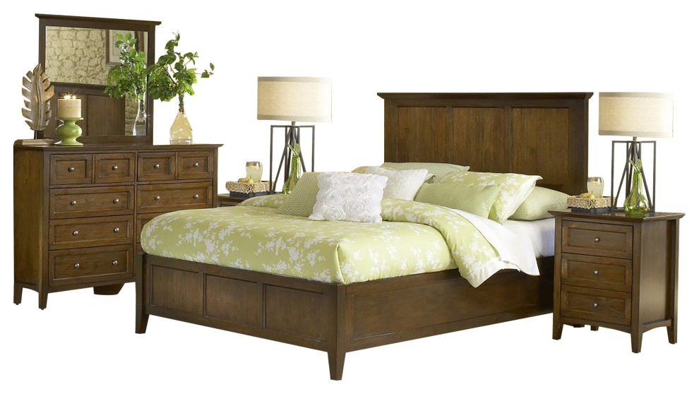 Pantego 5PC Cal King Bed, 2 Nightstand, Dresser & Mirror Set in Pecan
