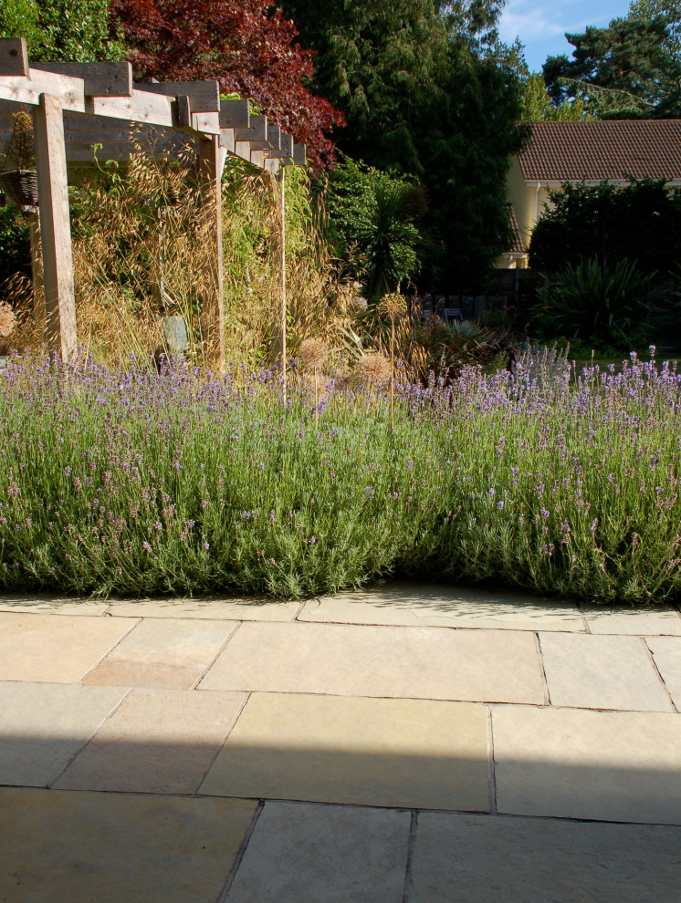 This is an example of a large modern back xeriscape full sun garden for summer in Dorset with natural stone paving and a wood fence.