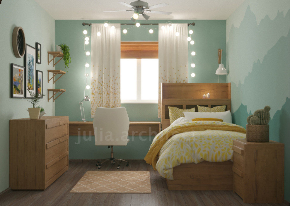 Modelo de dormitorio infantil de 4 a 10 años rústico de tamaño medio con paredes verdes, suelo de madera en tonos medios, suelo marrón y papel pintado