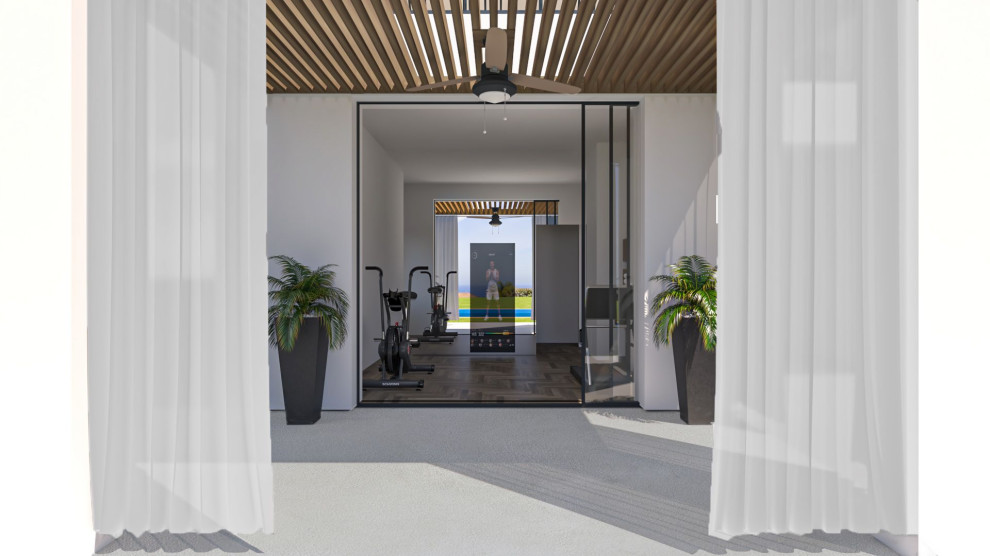 Immagine di una piccola sala pesi stile marinaro con pareti bianche, pavimento in cemento, pavimento beige e soffitto in legno