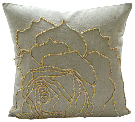Linen Rose, Beige Cotton Linen 12"x12" Cushion Covers