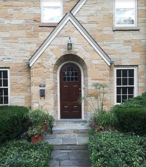 Example of a small mid-century modern front door design in Chicago with a dark wood front door