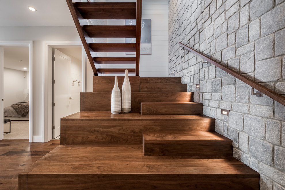 Staircase - mid-sized transitional wooden floating wood railing staircase idea with wooden risers