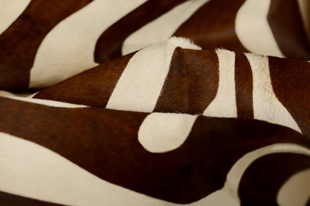 Togo Cowhide Rug, Zebra Chocolate on Natural, 6'x7'
