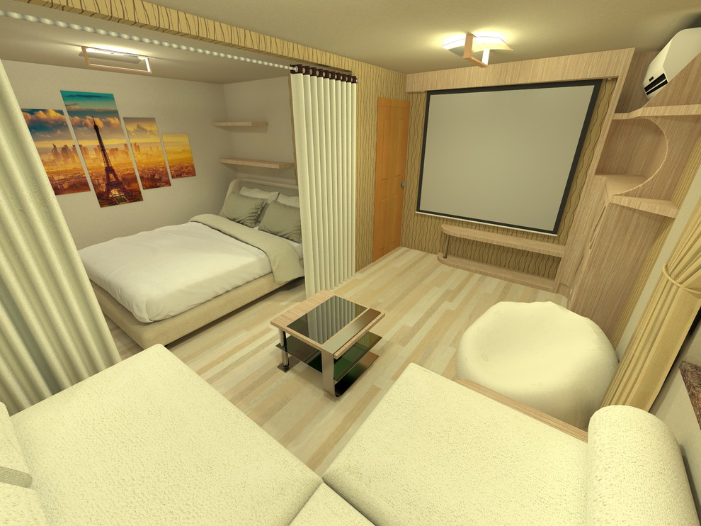 Интерьер комнаты совмещающей в себе спальню и зону отдыха.