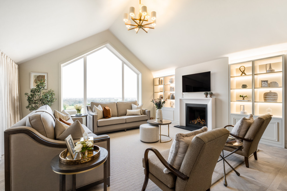 Photo of a medium sized classic open plan living room feature wall in Other with beige walls, porcelain flooring, a standard fireplace, a stone fireplace surround, a wall mounted tv, beige floors and a vaulted ceiling.