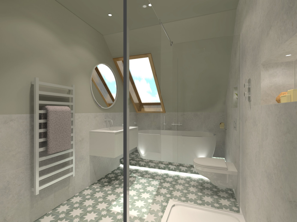 Пример оригинального дизайна: детская ванная комната среднего размера в современном стиле с плоскими фасадами, белыми фасадами, отдельно стоящей ванной, открытым душем, инсталляцией, серой плиткой, керамогранитной плиткой, зелеными стенами, полом из керамогранита, монолитной раковиной, столешницей из искусственного камня, зеленым полом, открытым душем, белой столешницей, нишей, тумбой под одну раковину, подвесной тумбой и сводчатым потолком