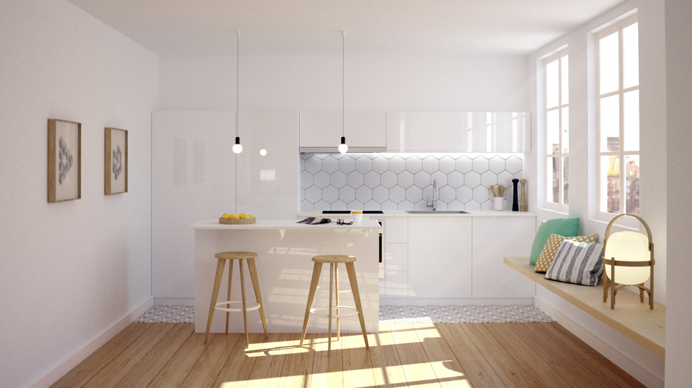 Design ideas for a mid-sized contemporary single-wall open plan kitchen in Barcelona with a drop-in sink, recessed-panel cabinets, white cabinets, quartz benchtops, white splashback, ceramic splashback, panelled appliances, ceramic floors and with island.