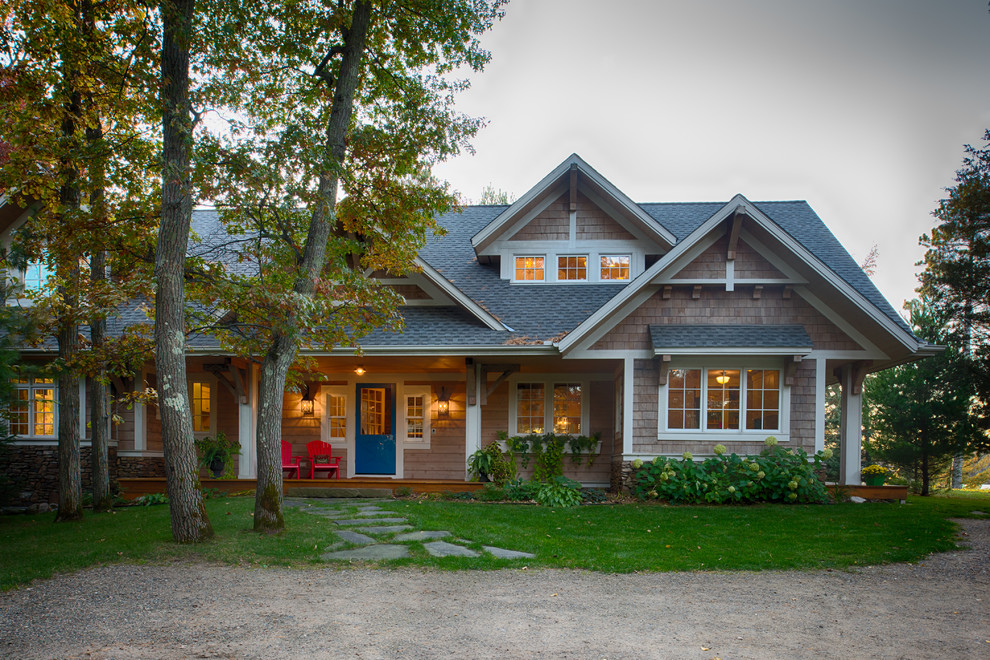 Mid-sized rustic beige two-story wood gable roof idea in Minneapolis