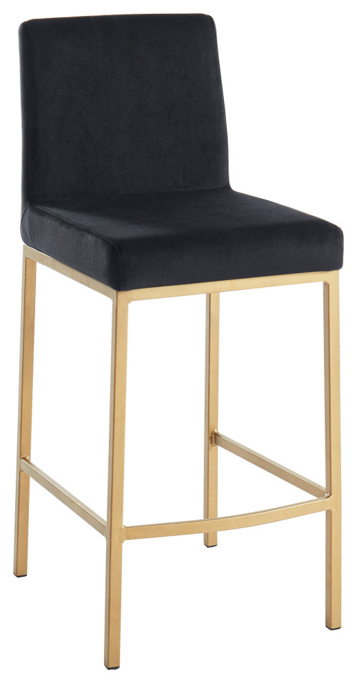 Contemporary Velvet/Metal 26" Counter Stool, Set of 2, Black/Aged Gold