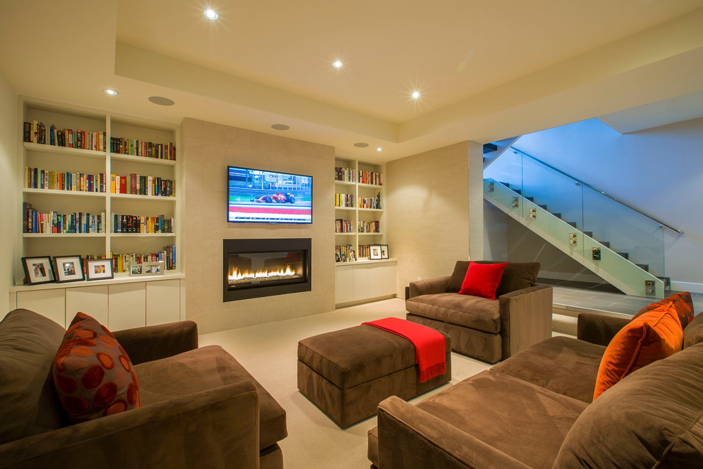 This is an example of a large modern open concept family room in DC Metro with beige walls, carpet and a wall-mounted tv.