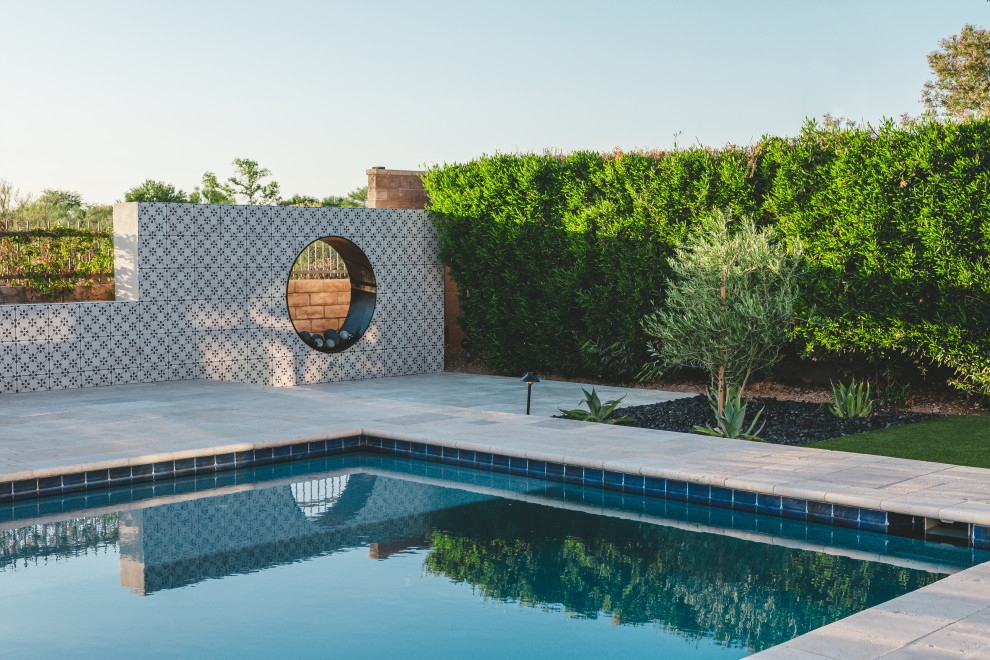 Idee per una piscina classica rettangolare dietro casa con paesaggistica bordo piscina e pavimentazioni in pietra naturale