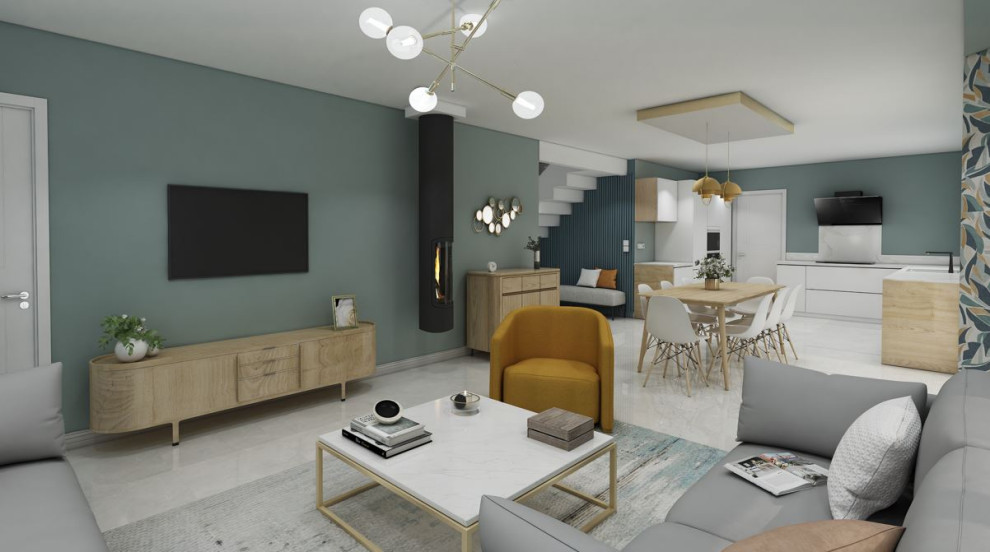 Design ideas for a medium sized scandi dining room in Le Havre with blue walls, ceramic flooring, grey floors, wallpapered walls and a wood burning stove.