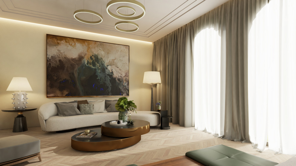 Großes, Repräsentatives, Fernseherloses Modernes Wohnzimmer in grau-weiß mit hellem Holzboden, braunem Boden und Kassettendecke