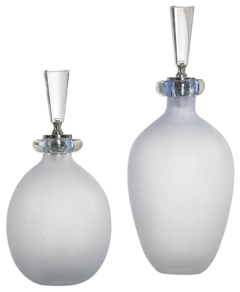 Soft Blue Bubble Glass Decorative Bottle Set 2| Pale Jar Crystal Container Light