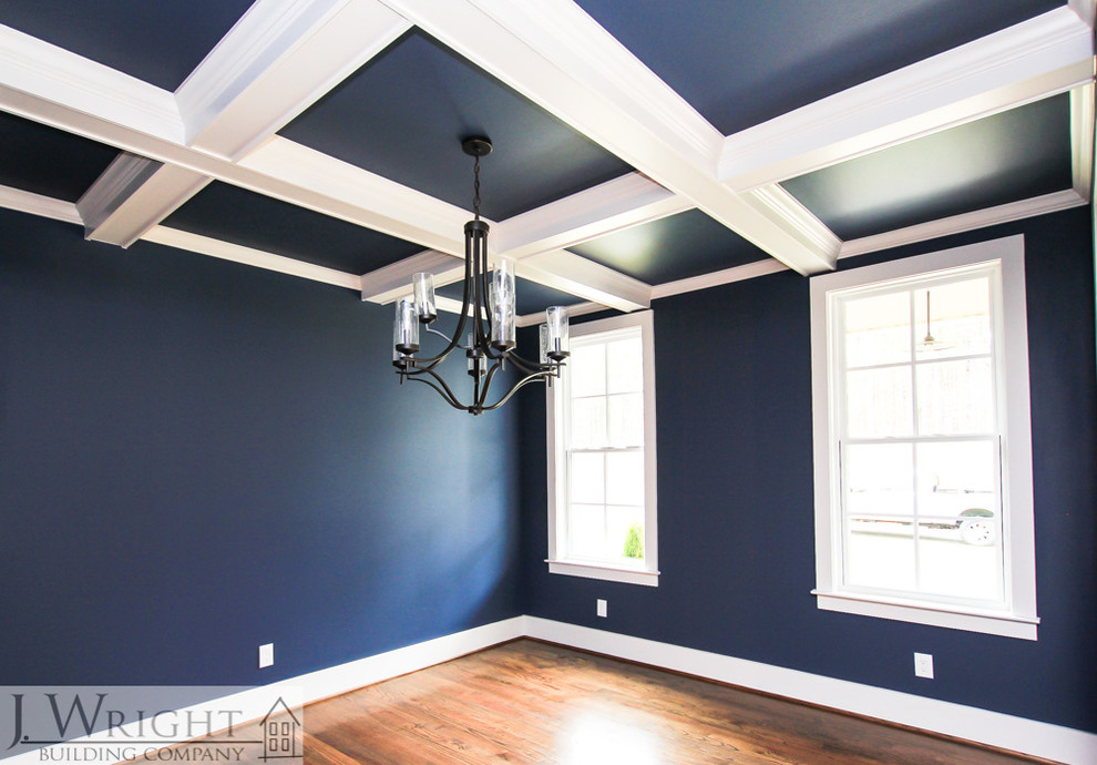 Dark Blue Dining Room with white coffered ceiling - Transitional ...