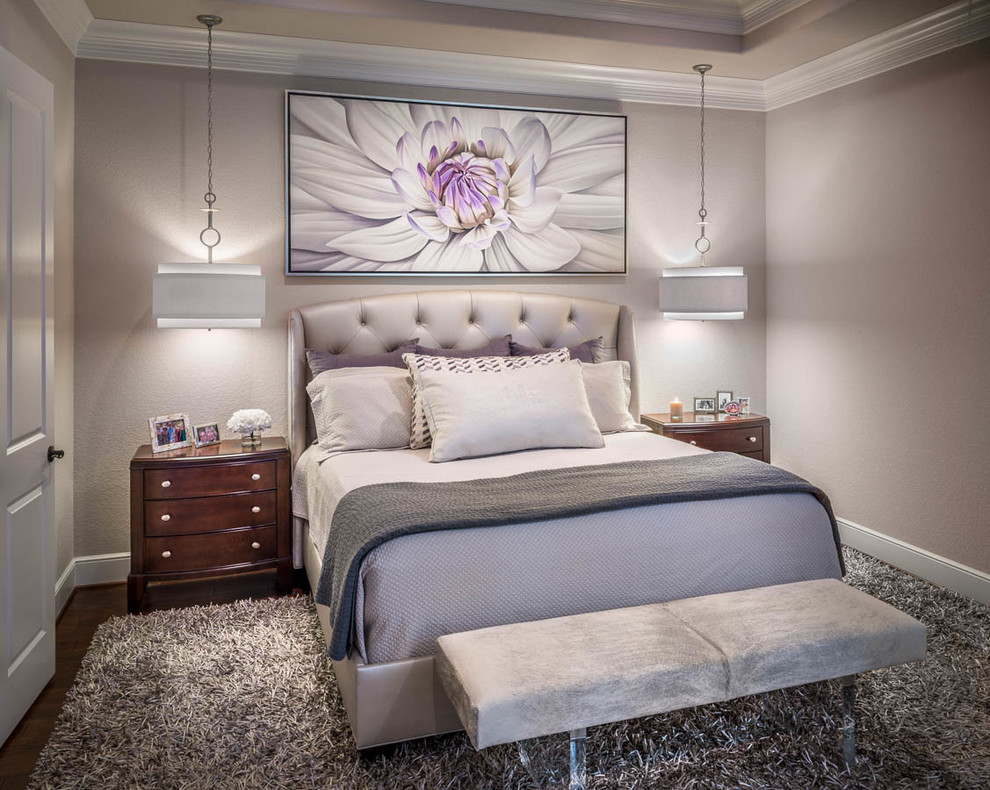 Bedroom - large transitional guest dark wood floor bedroom idea in Houston with gray walls