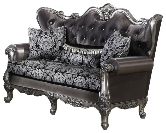 Wooden Loveseat With Button Tufted Backrest And Rolled Arms, Gray And