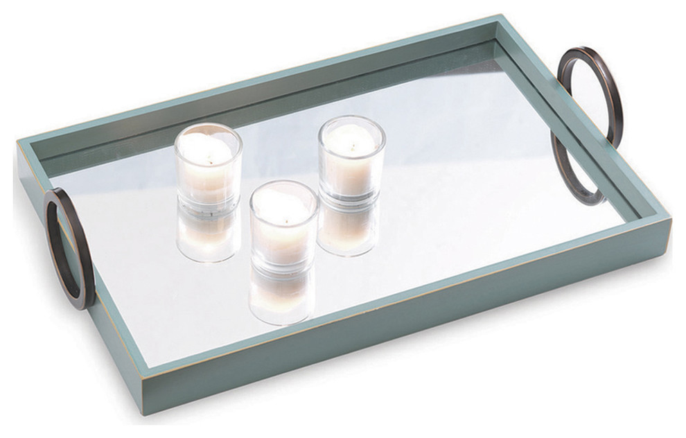 Drake Contemporary Mirrored Turquoise Blue Wood Tray