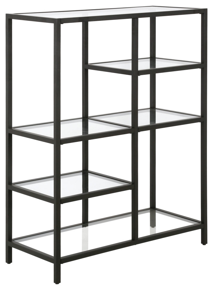 Minimalistic Bookcase, Metal Frame With Staggered Clear Glass Shelves