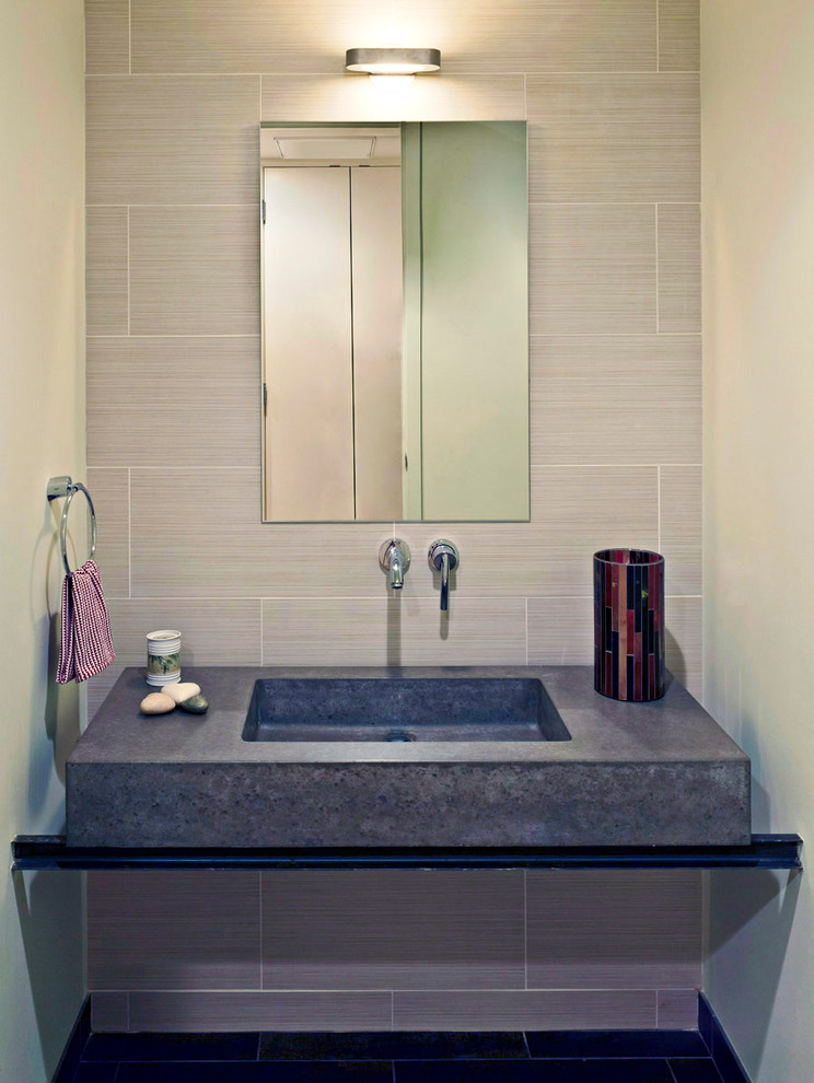 Design ideas for a small contemporary bathroom in Chicago with beige tile and beige walls.