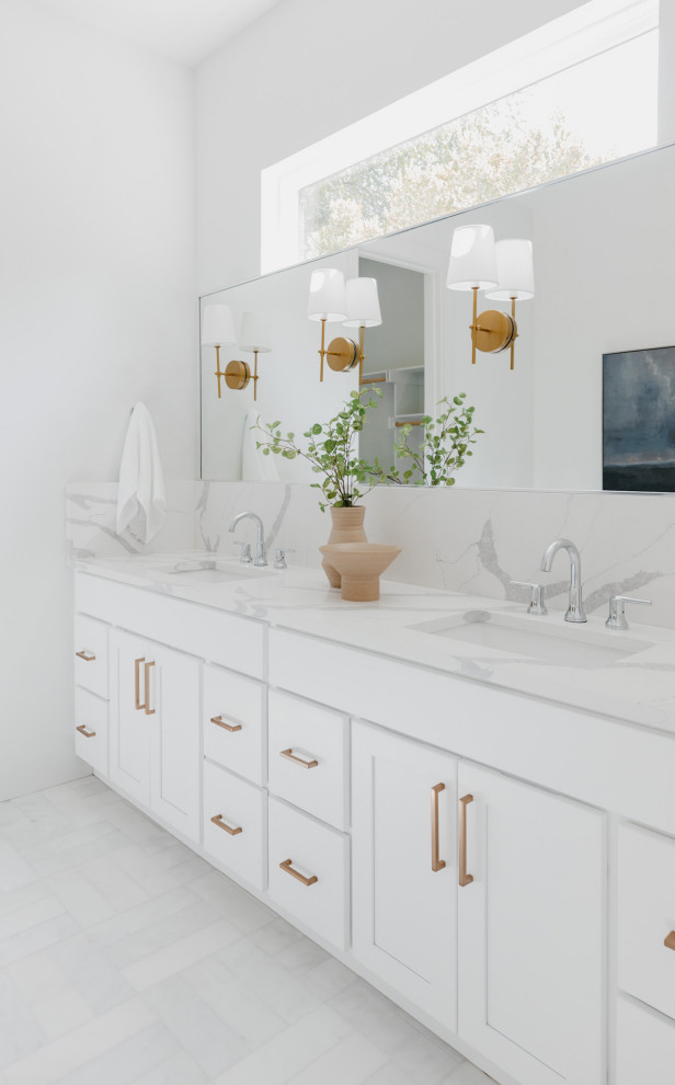 Design ideas for an expansive contemporary ensuite bathroom in Dallas with shaker cabinets, white cabinets, a freestanding bath, a built-in shower, a two-piece toilet, grey tiles, white walls, marble flooring, a submerged sink, quartz worktops, white floors, a hinged door, white worktops, a built in vanity unit and double sinks.