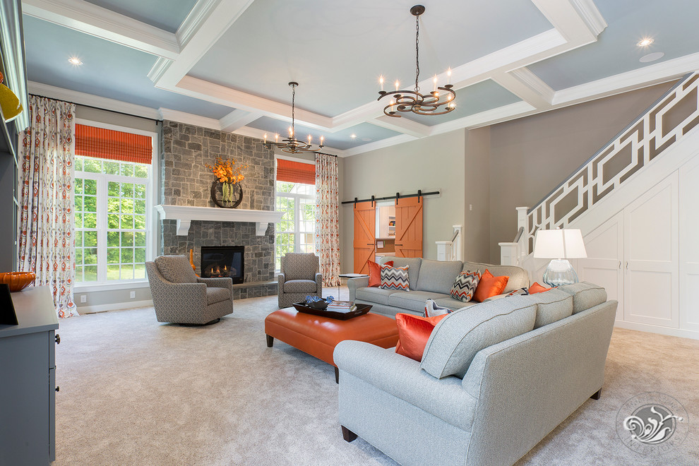 Large transitional enclosed living room in Richmond with grey walls, carpet, a standard fireplace and a stone fireplace surround.