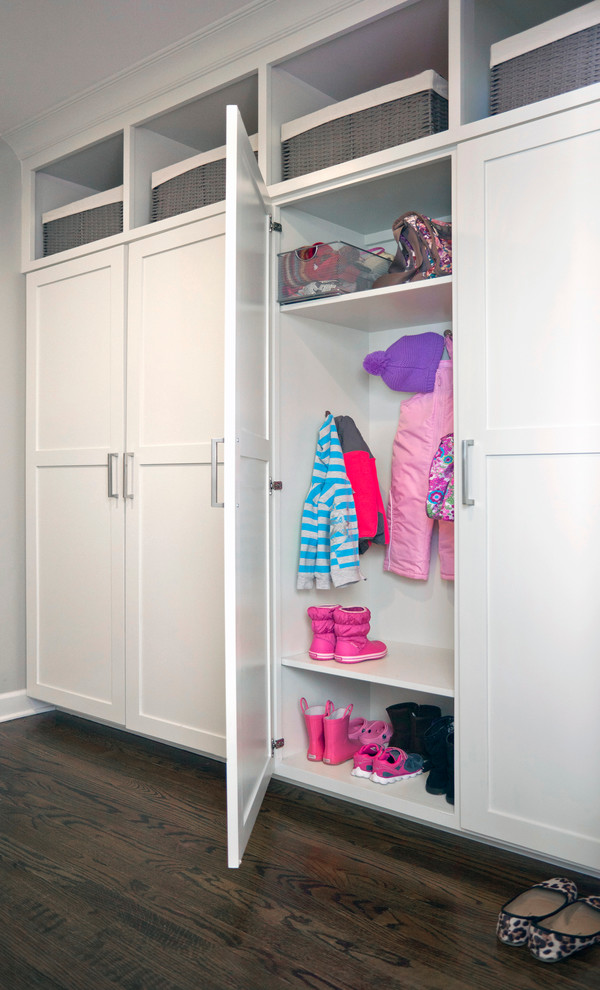 Example of a small classic dark wood floor mudroom design in Cincinnati with gray walls