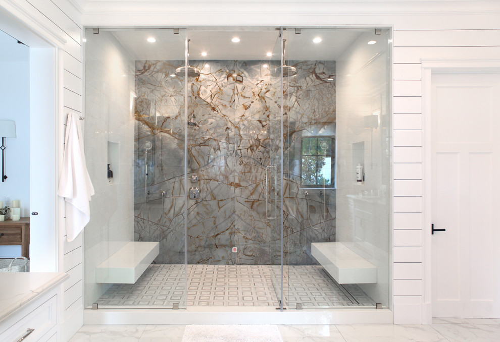 Country master bathroom in Los Angeles with recessed-panel cabinets, white cabinets, a double shower, white walls, white floor, a hinged shower door and white benchtops.