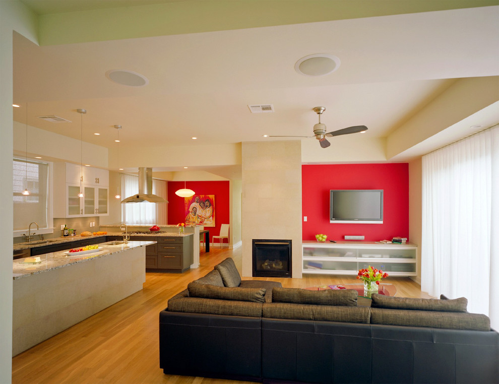 Inspiration for a contemporary living room in Austin with red walls and a wall-mounted tv.