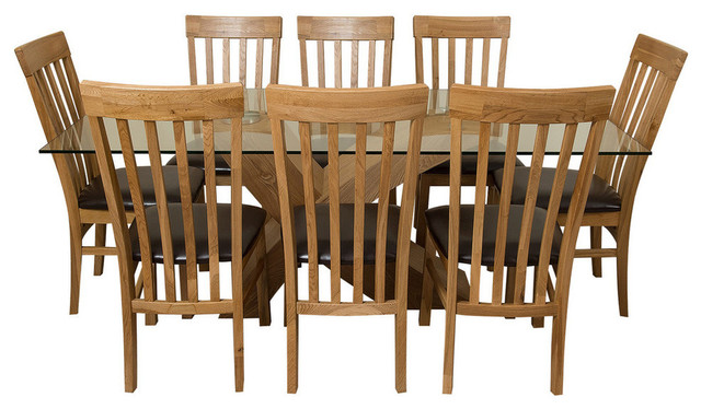 Valencia Glass And Oak Dining Table With 8 Harvard Chairs 200 Cm