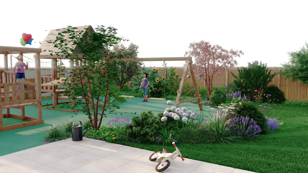 Inspiration för stora moderna trädgårdar i full sol på sommaren, med naturstensplattor