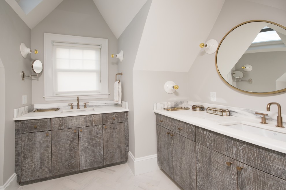 Bathroom - large transitional master white tile and marble tile marble floor and white floor bathroom idea in Boston with flat-panel cabinets, distressed cabinets, gray walls, an undermount sink, quartz countertops and a one-piece toilet