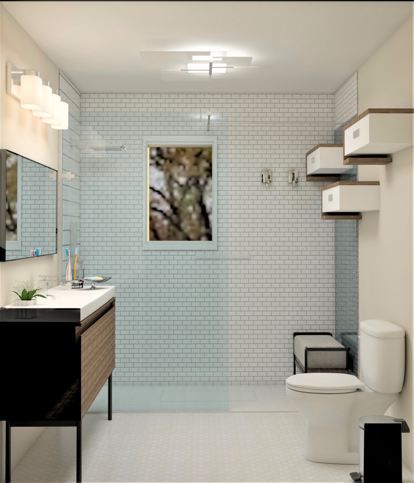 Small midcentury master bathroom in Austin with flat-panel cabinets, medium wood cabinets, an open shower, a two-piece toilet, white tile, glass tile, beige walls, ceramic floors, white floor, an open shower, white benchtops, a shower seat, a single vanity and a freestanding vanity.