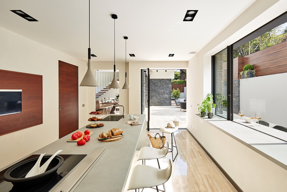 Design ideas for a large contemporary galley separate kitchen in Other with an undermount sink, light hardwood floors, with island, concrete benchtops, stainless steel appliances, flat-panel cabinets, white cabinets and white splashback.