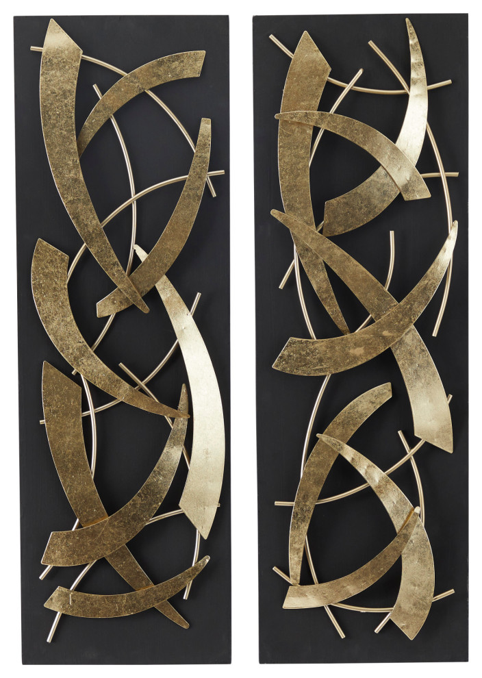 Black Wood Contemporary Wall Decor, Set of 2 36"x12"x2" Contemporary
