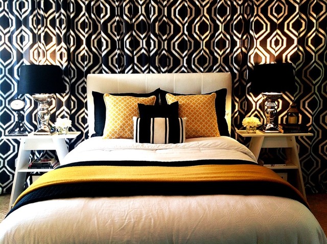 black, white and gold / yellow bedroom with curtain backdrop
