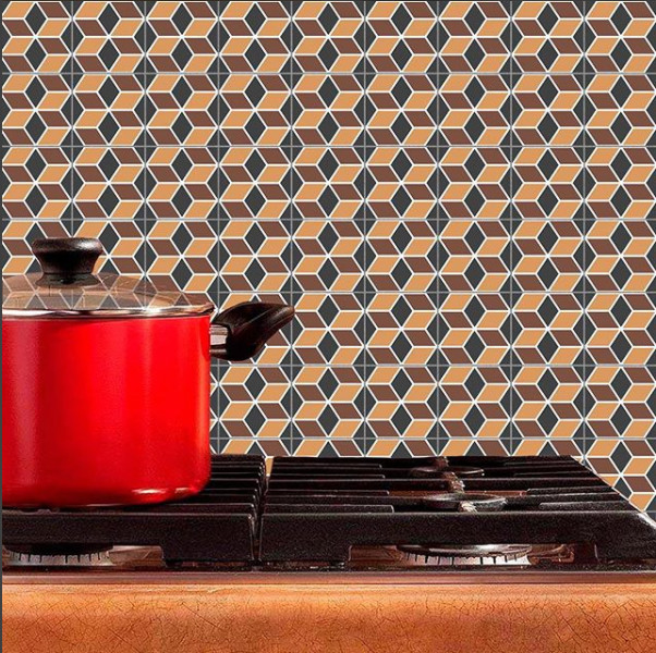 Kitchen - contemporary kitchen idea with orange backsplash and glass tile backsplash