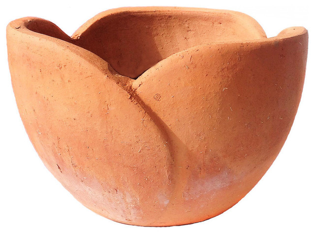 Hand-Pressed Ancient Stressed Terra-Cotta Petal Flower Pot, Large